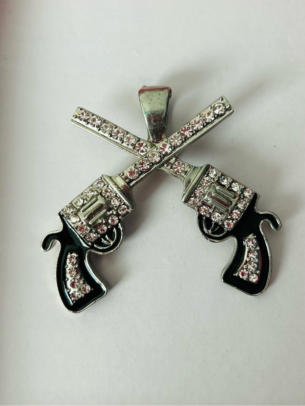 Crossed Pistol Rhinestone Pendant - Silver and Black with Pink Crystals